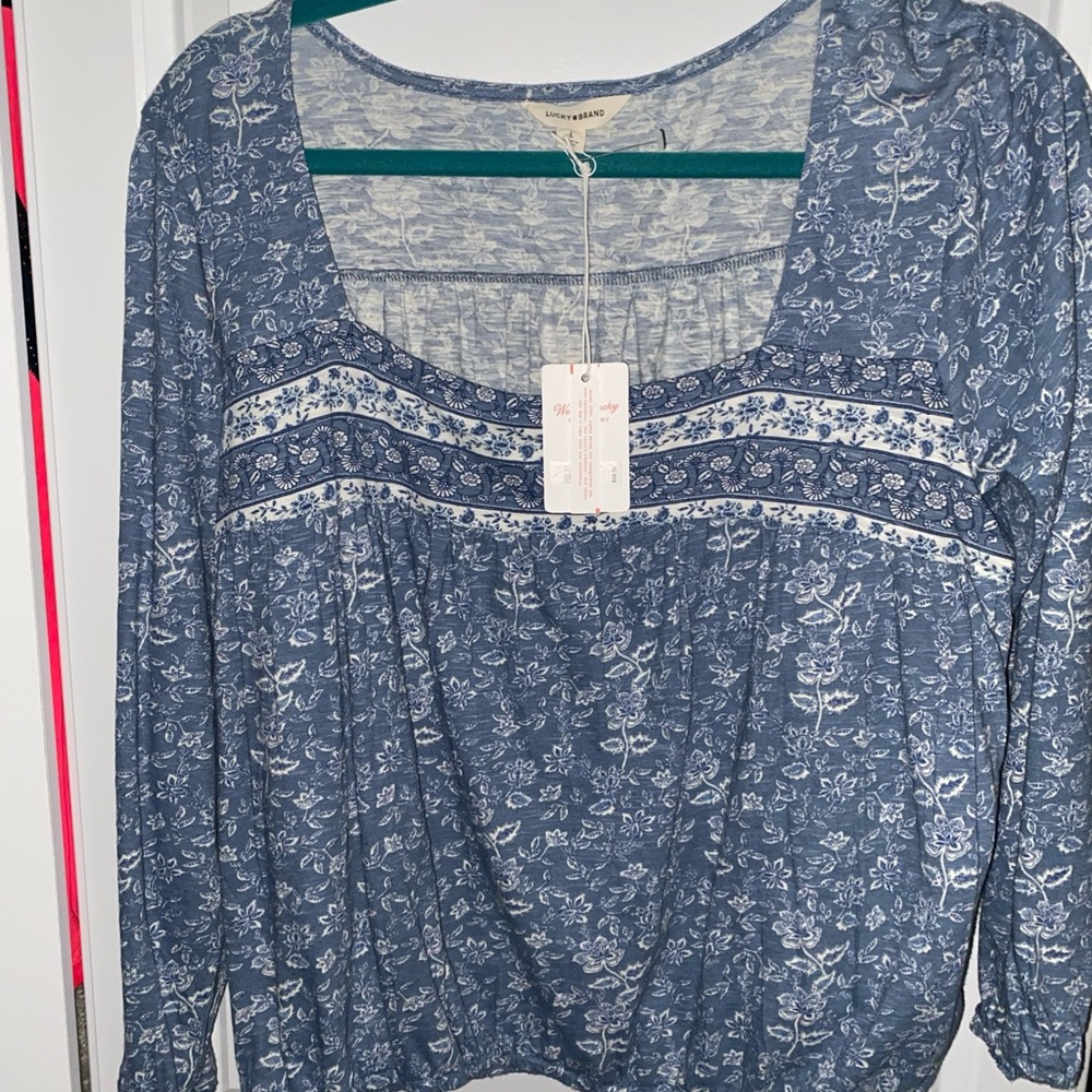 Lucky Brand Blue Floral Cotton Women’s Large Top Shirt NWT